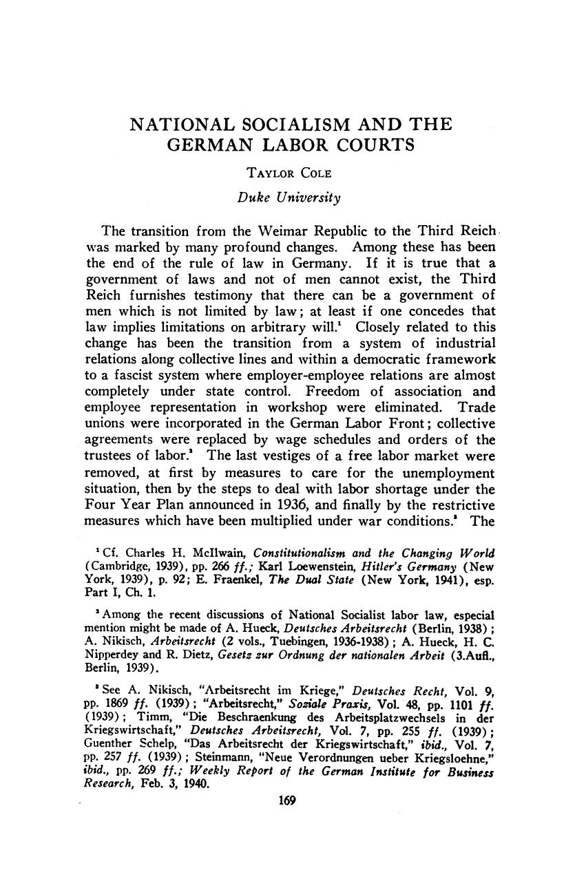 National Socialism and the German Labor Courts by Unknown