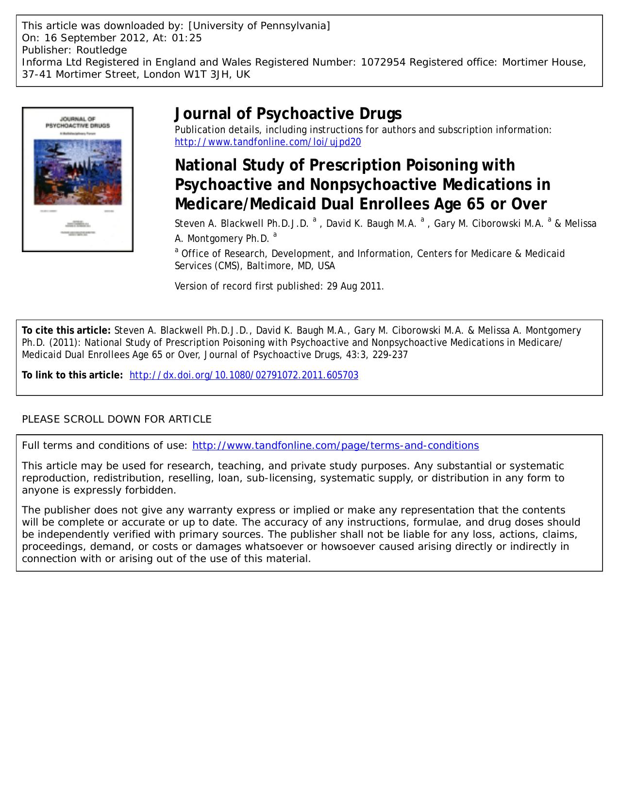 National Study of Prescription Poisoning with Psychoactive and Nonpsychoactive Medications in MedicareMedicaid Dual Enrollees Age 65 or Over by unknow