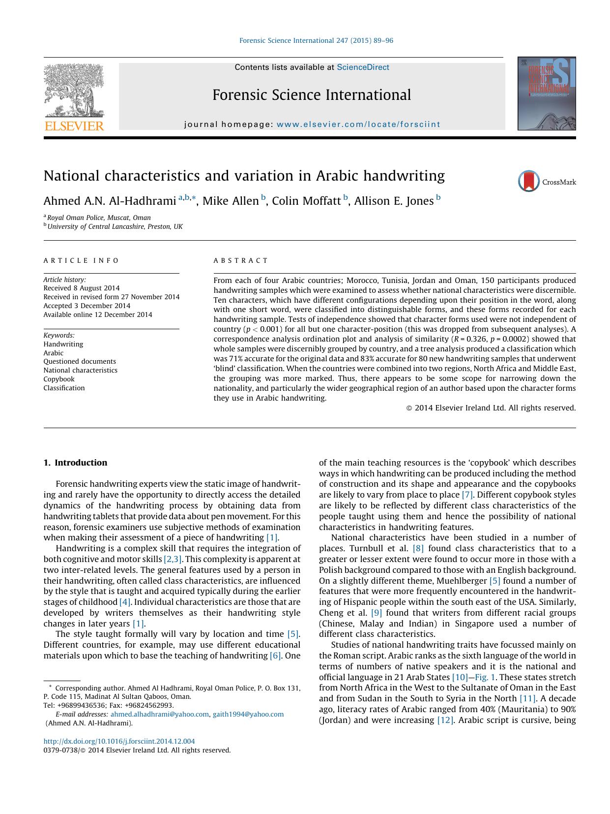 National characteristics and variation in Arabic handwriting by Ahmed A.N. Al-Hadhrami & Mike Allen & Colin Moffatt & Allison E. Jones