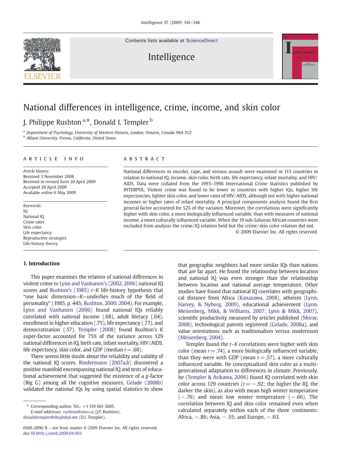 National differences in intelligence, crime, income, and skin color by J. Philippe Rushton; Donald I. Templer