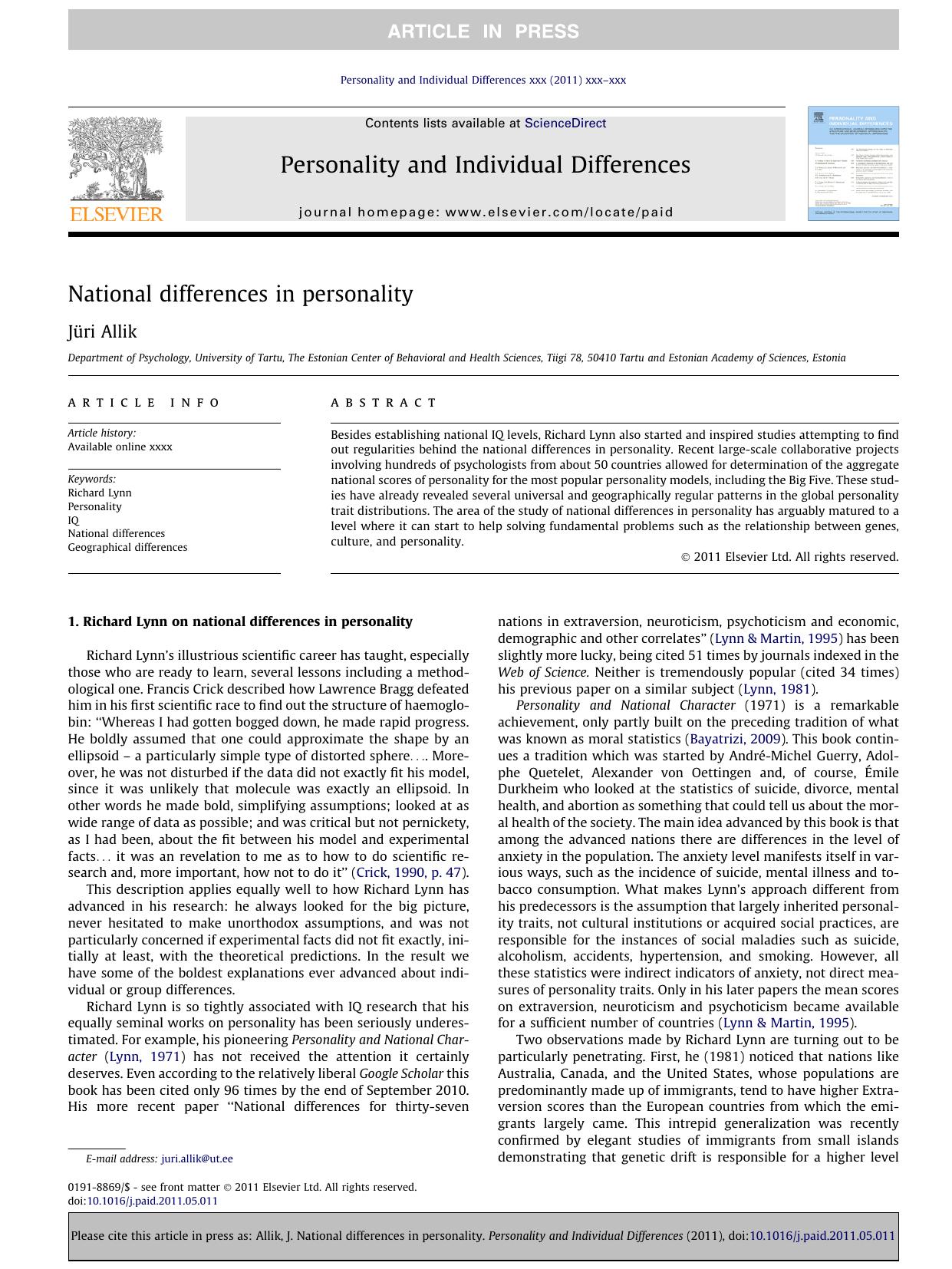 National differences in personality by JÃ¼ri Allik