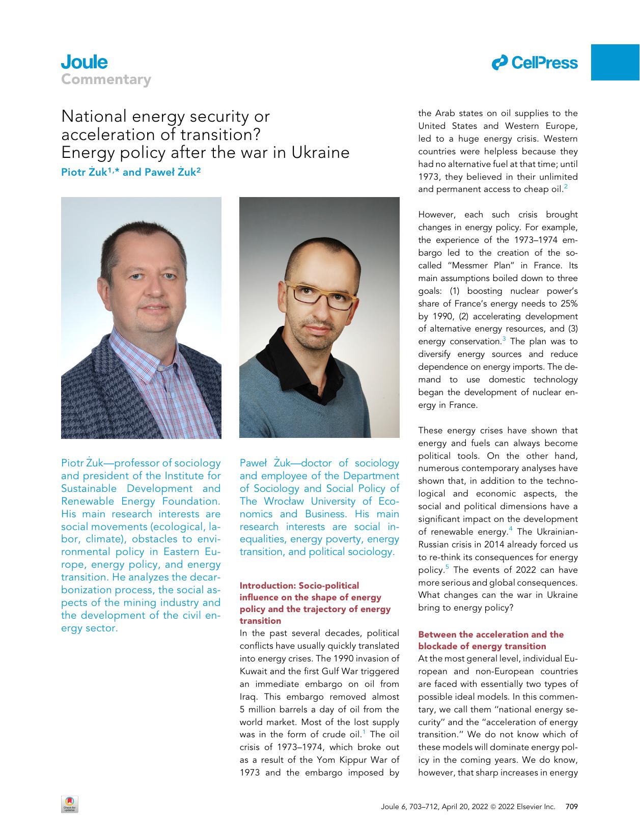 National energy security or acceleration of transition? Energy policy after the war in Ukraine by Piotr Żuk & Paweł Żuk