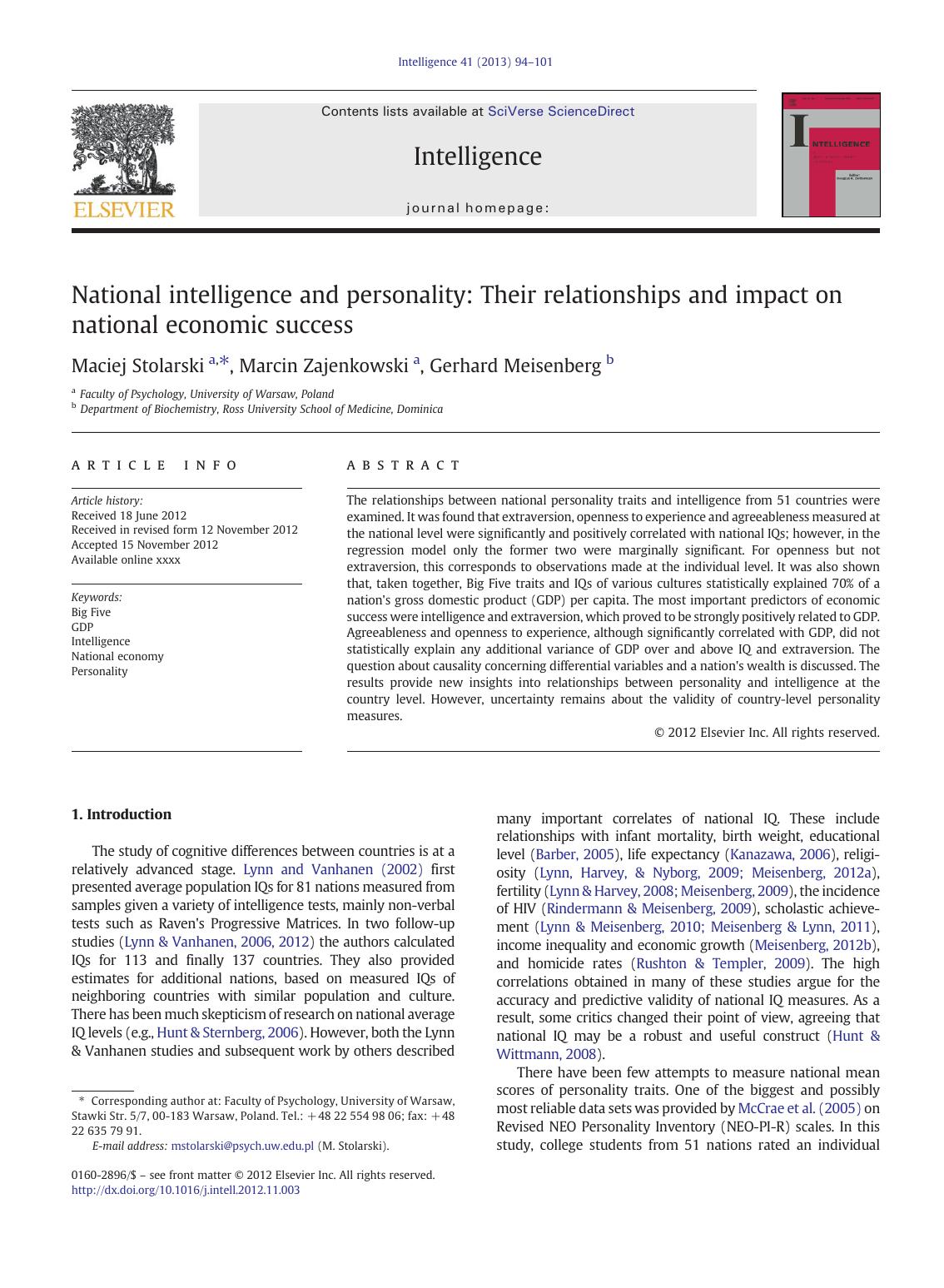 National intelligence and personality: Their relationships and impact on national economic success by Maciej Stolarski & Marcin Zajenkowski & Gerhard Meisenberg