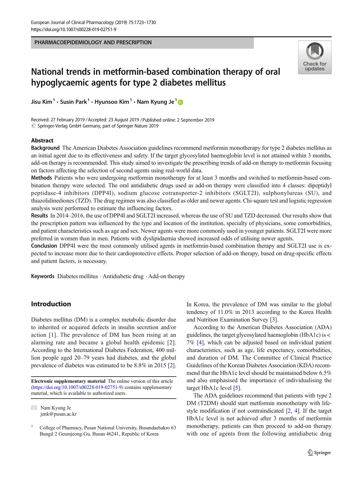 National trends in metformin-based combination therapy of oral hypoglycaemic agents for type 2 diabetes mellitus by Jisu Kim; Susin Park; Hyunsoo Kim; Nam Kyung Je