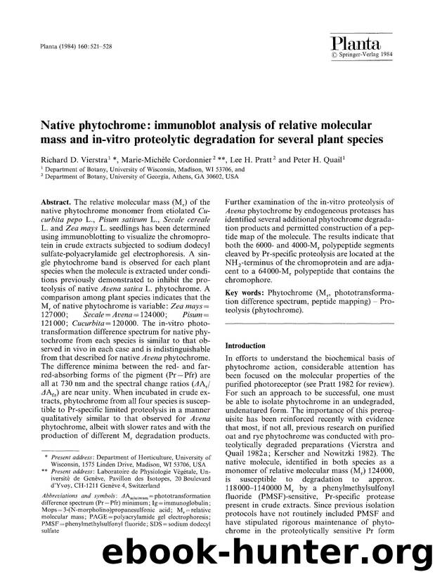 Native phytochrome: immunoblot analysis of relative molecular mass and in-vitro proteolytic degradation for several plant species by Unknown