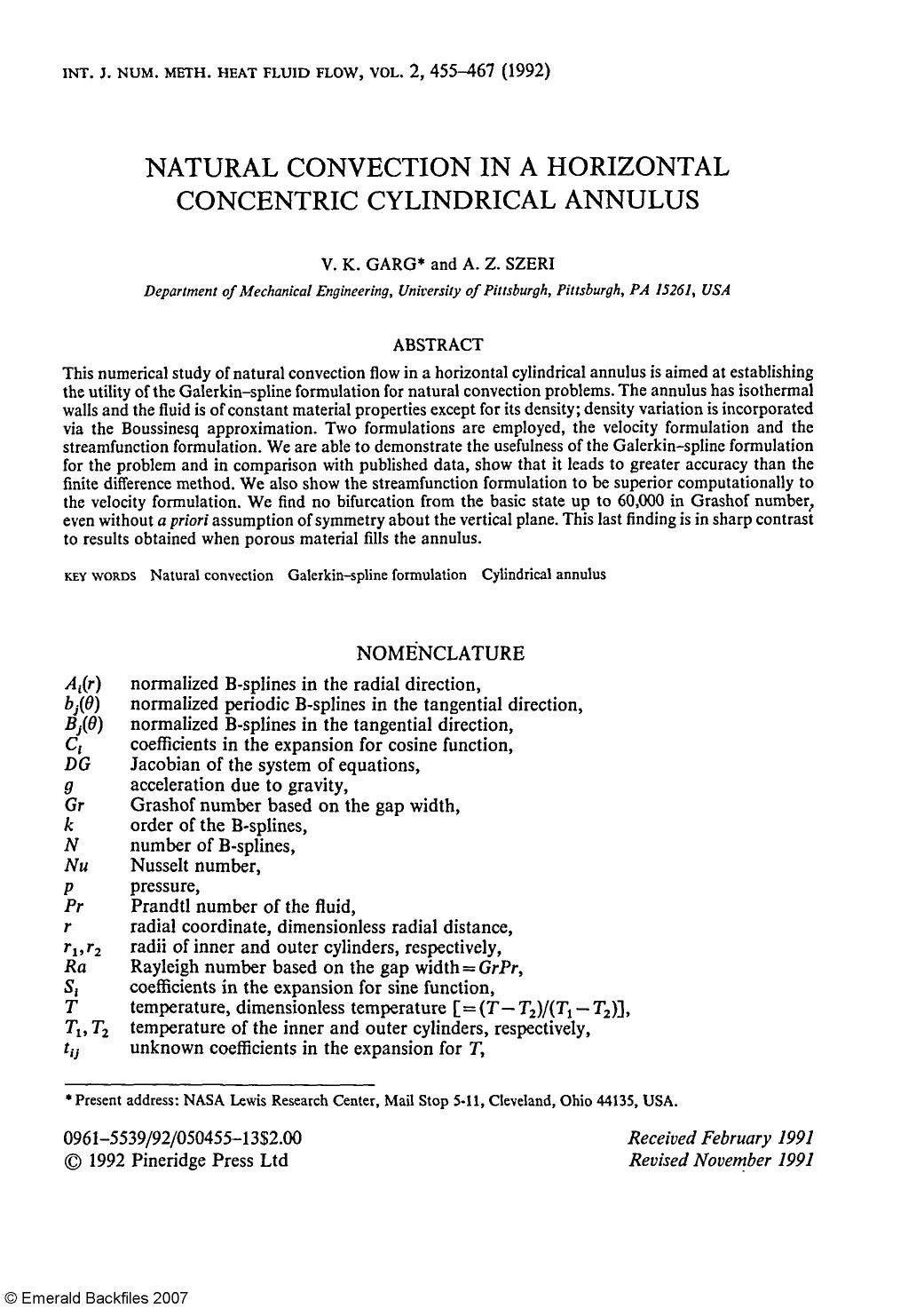 Natural Convection in a Horizontal Concentric Cylindercal Annulus by V. K. Garg & A. Z. Szeri