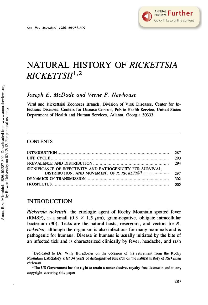 Natural History of Rickettsia Rickettsii by J E McDade & V F Newhouse