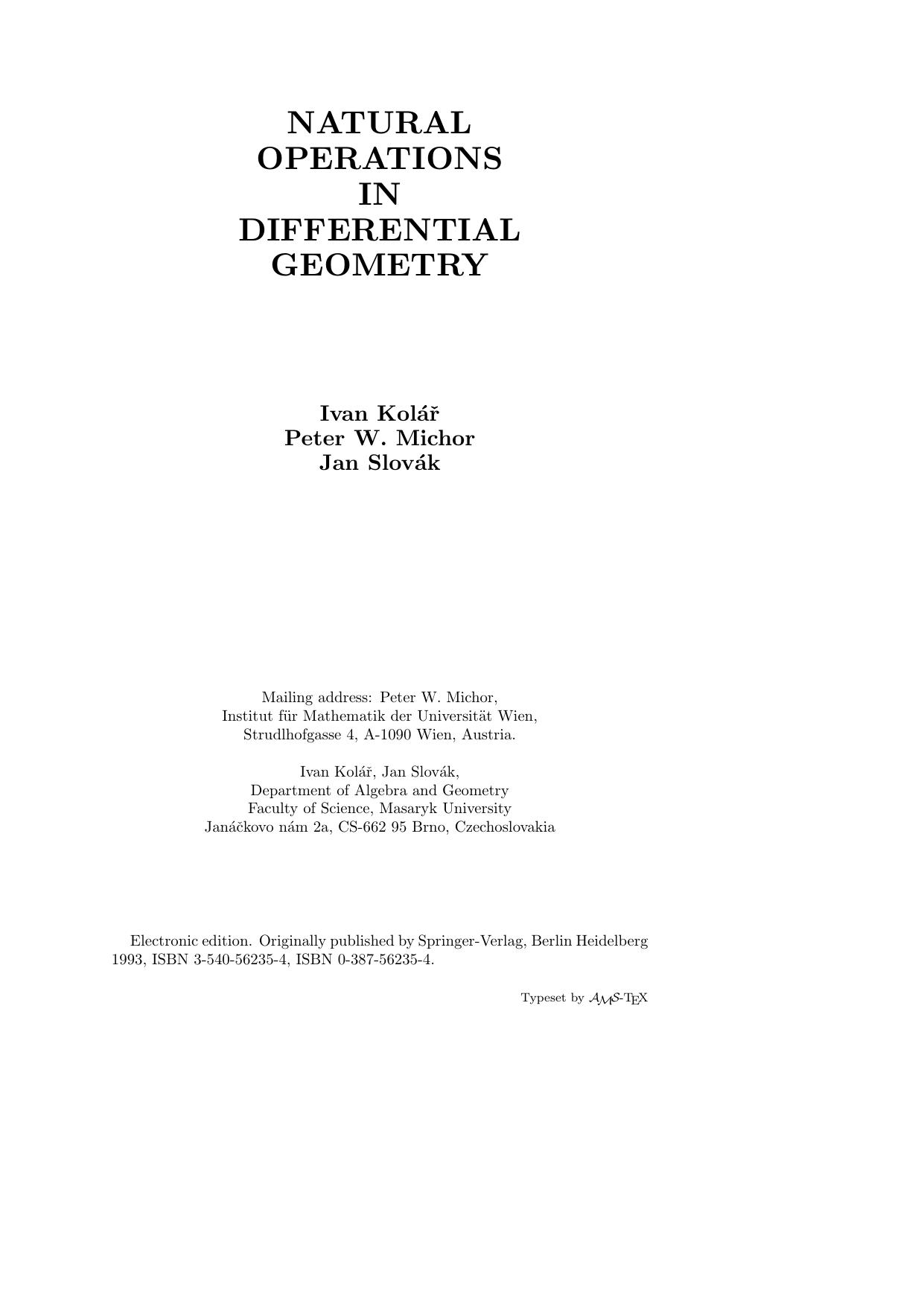 Natural Operations Differential Geometry by Ivan Kolar & Peter W. Michor & Jan Slovak