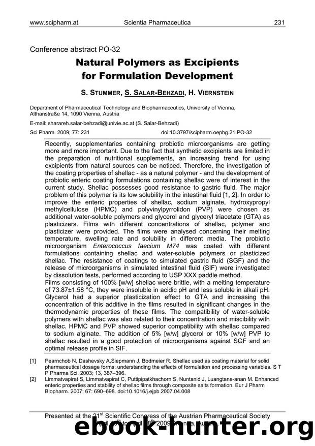 Natural Polymers as Excipients for Formulation Development by S. STUMMER & S. SALAR-BEHZADI & H. VIERNSTEIN