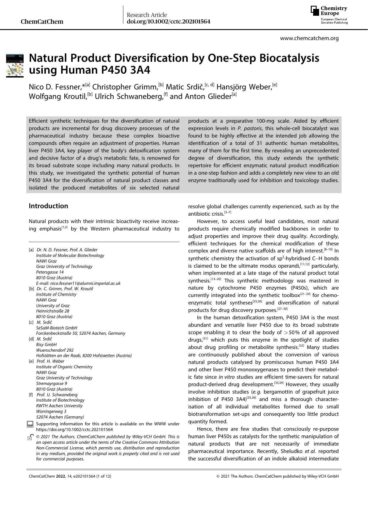 Natural Product Diversification by OneâStep Biocatalysis using Human P450 3A4 by Unknown