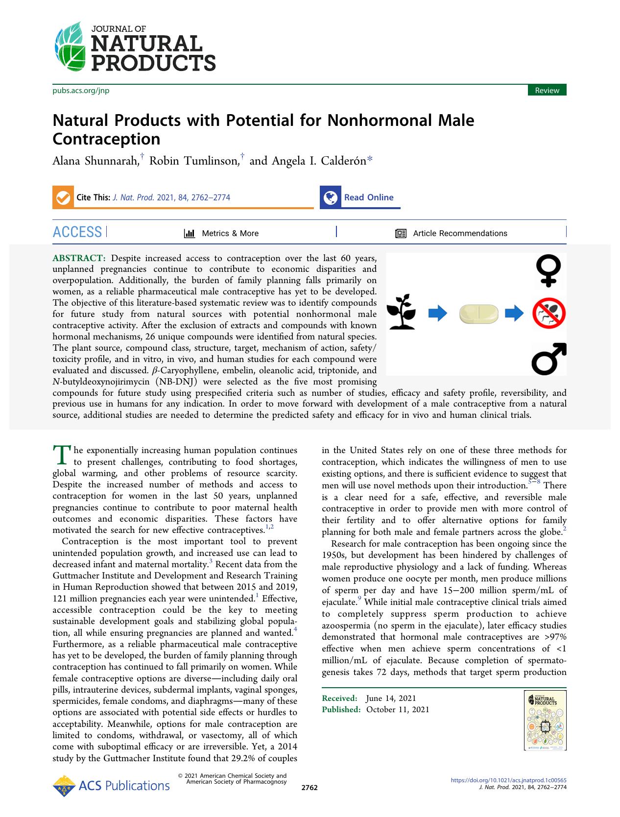 Natural Products with Potential for Nonhormonal Male Contraception by Alana Shunnarah Robin Tumlinson and Angela I. Calderón