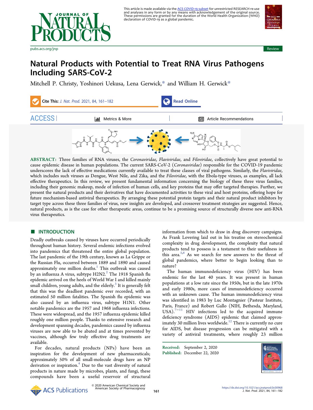 Natural Products with Potential to Treat RNA Virus Pathogens Including SARS-CoV-2 by Mitchell P. Christy; Yoshinori Uekusa; Lena Gerwick; William H. Gerwick