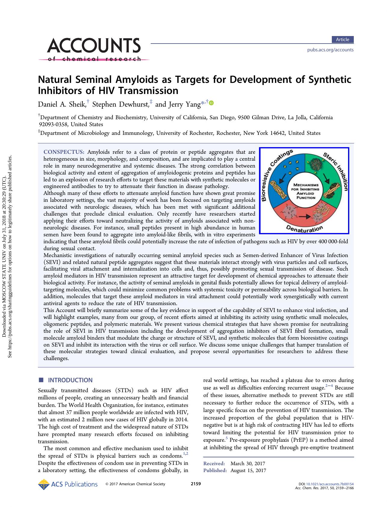 Natural Seminal Amyloids as Targets for Development of Synthetic Inhibitors of HIV Transmission by Daniel A. Sheik Stephen Dewhurst & Jerry Yang