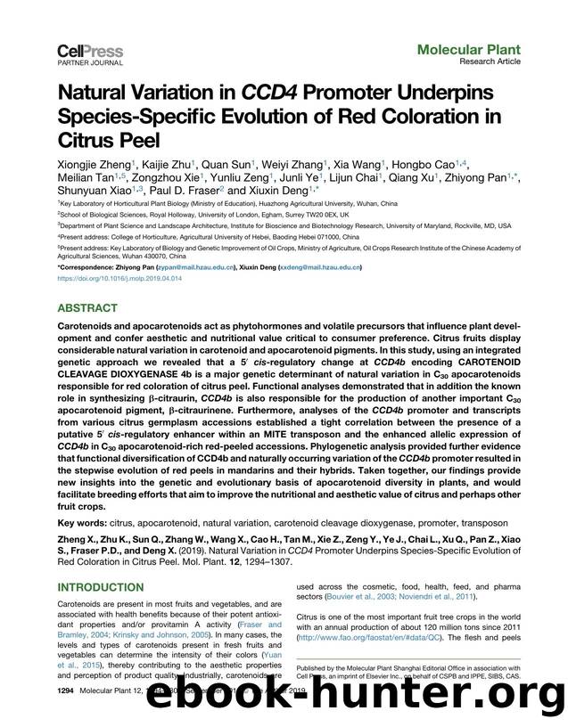 Natural Variation in CCD4 Promoter Underpins Species-Specific Evolution of Red Coloration in Citrus Peel by unknow