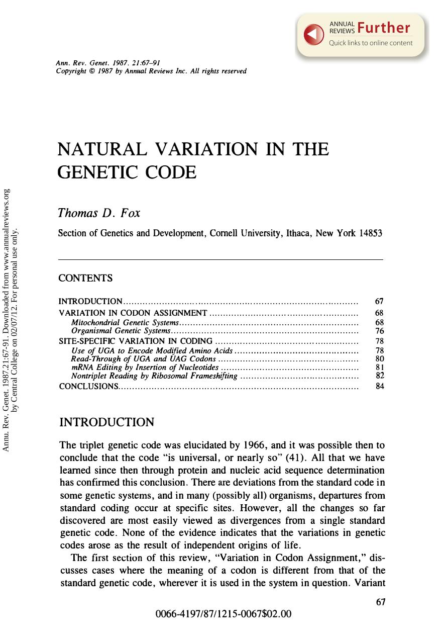 Natural Variation in the Genetic Code by T D Fox