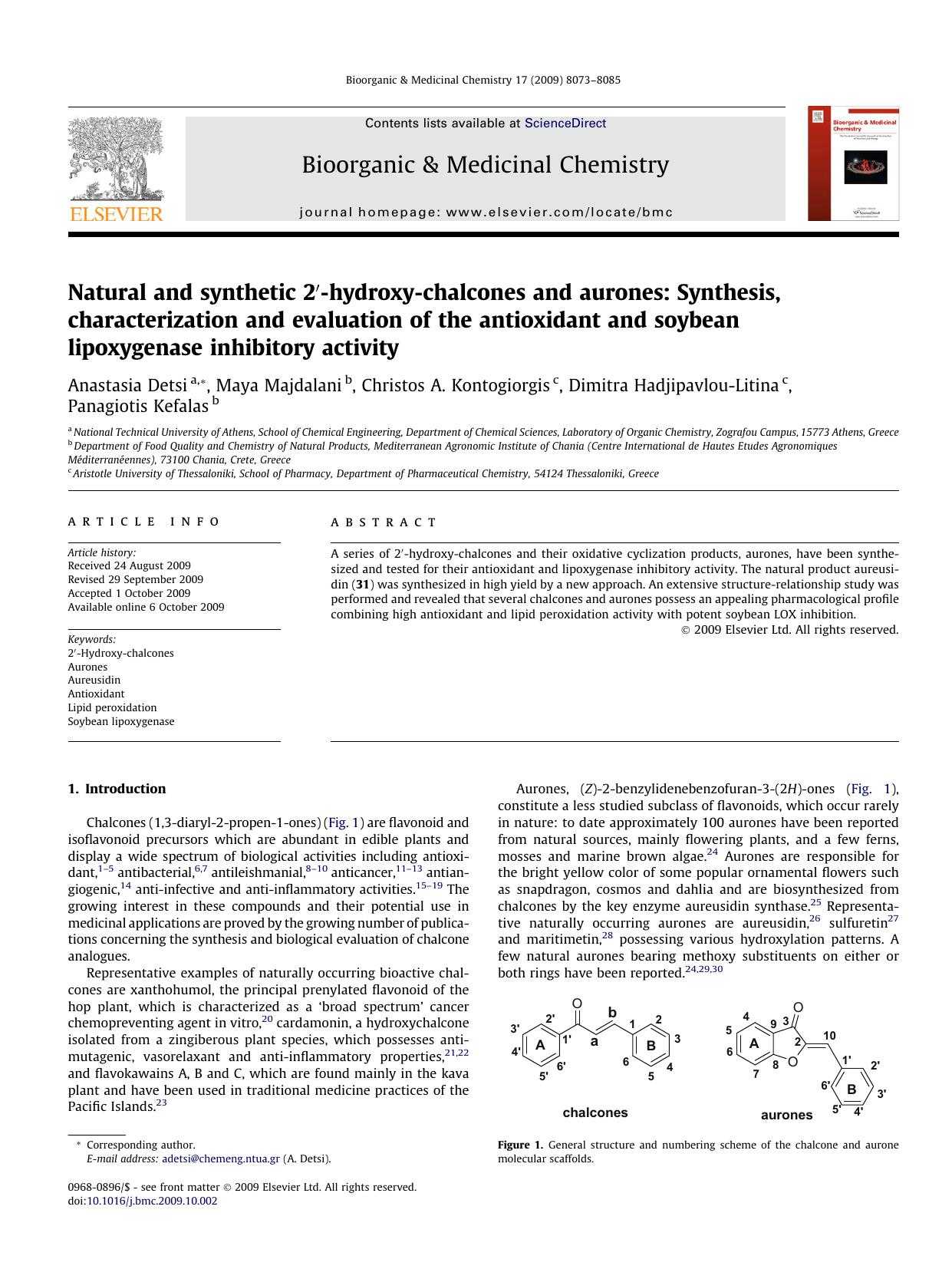 Natural and synthetic 2â²-hydroxy-chalcones and aurones: Synthesis, characterization and evaluation of the antioxidant and soybean lipoxygenase inhibitory activity by unknow