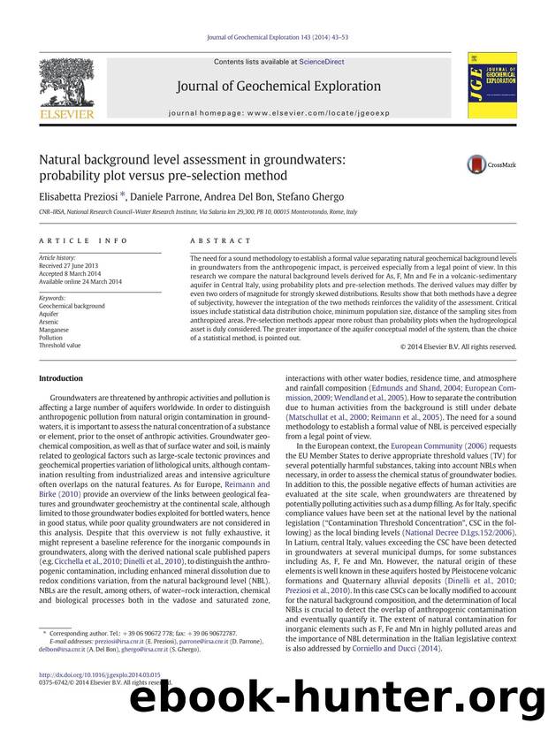 Natural background level assessment in groundwaters: probability plot versus pre-selection method by Elisabetta Preziosi & Daniele Parrone & Andrea Del Bon & Stefano Ghergo