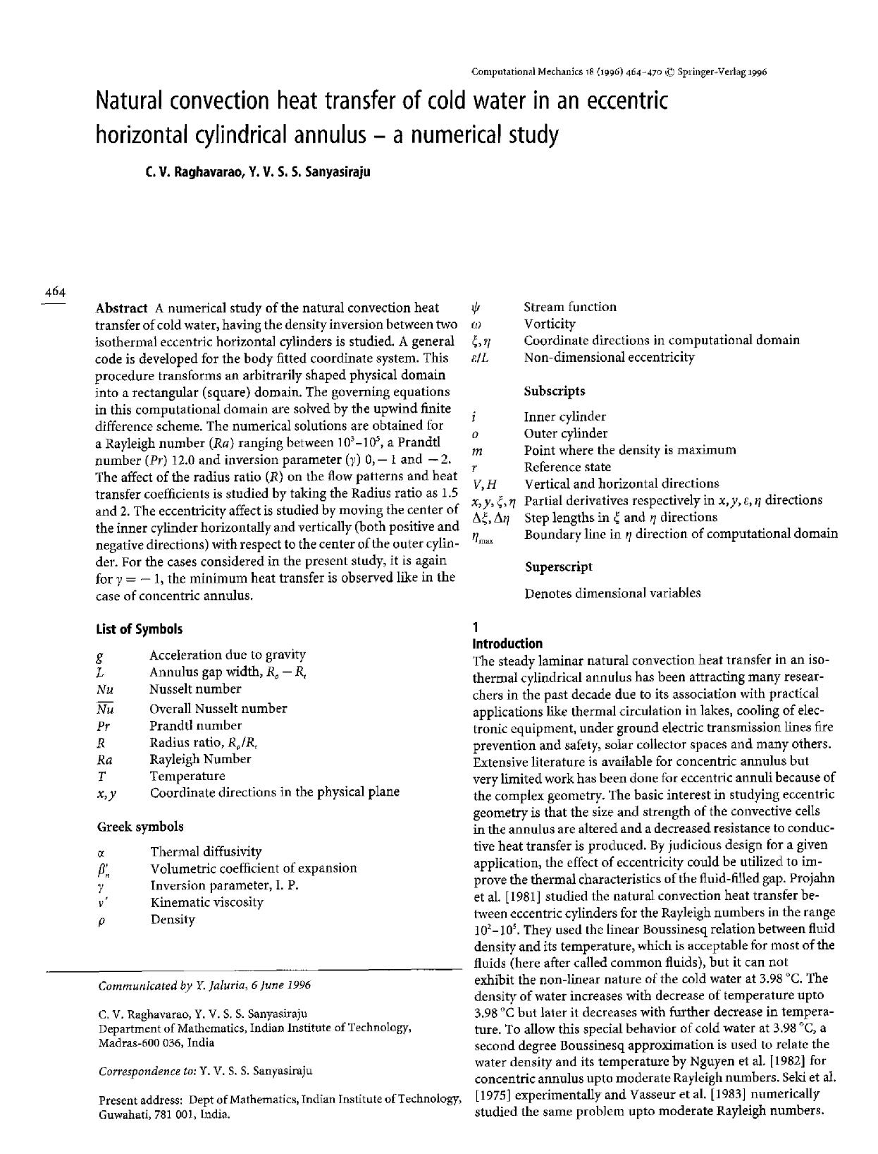 Natural convection heat transfer of cold water in an eccentric horizontal cylindrical annulus &#x2014; a numerical study by Unknown