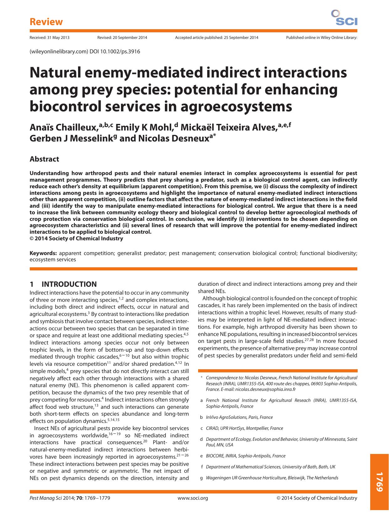 Natural enemy-mediated indirect interactions among prey species: potential for enhancing biocontrol services in agroecosystems by Unknown