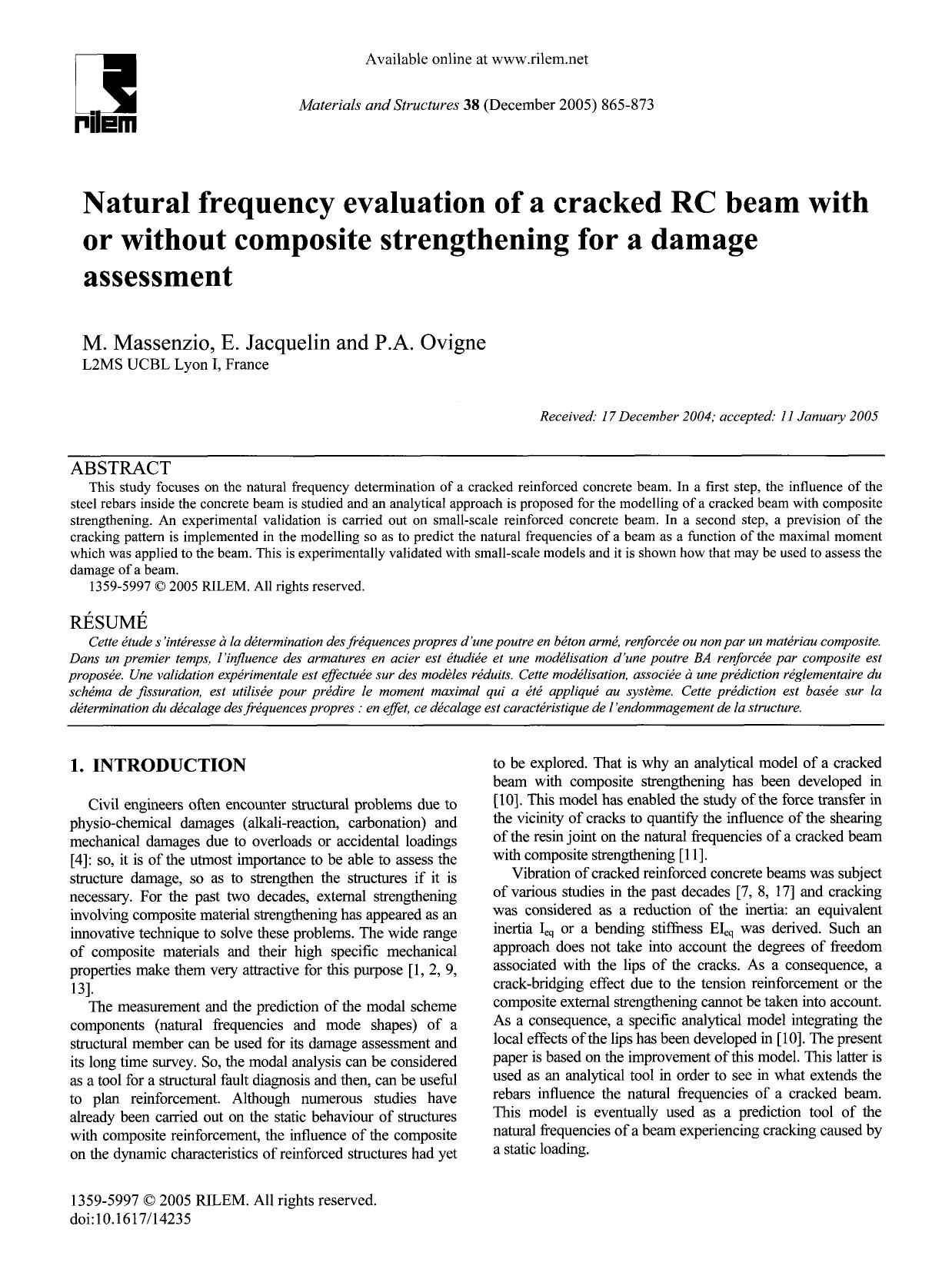 Natural frequency evaluation of a cracked RC beam with or without composite strengthening for a damage assessment by Unknown