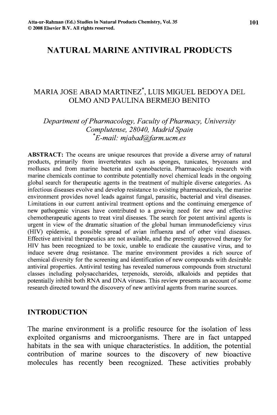 Natural marine antiviral products by Maria Jose Abad Martinez & Luis Miguel Bedoya Del Olmo & Paulina Bermejo Benito
