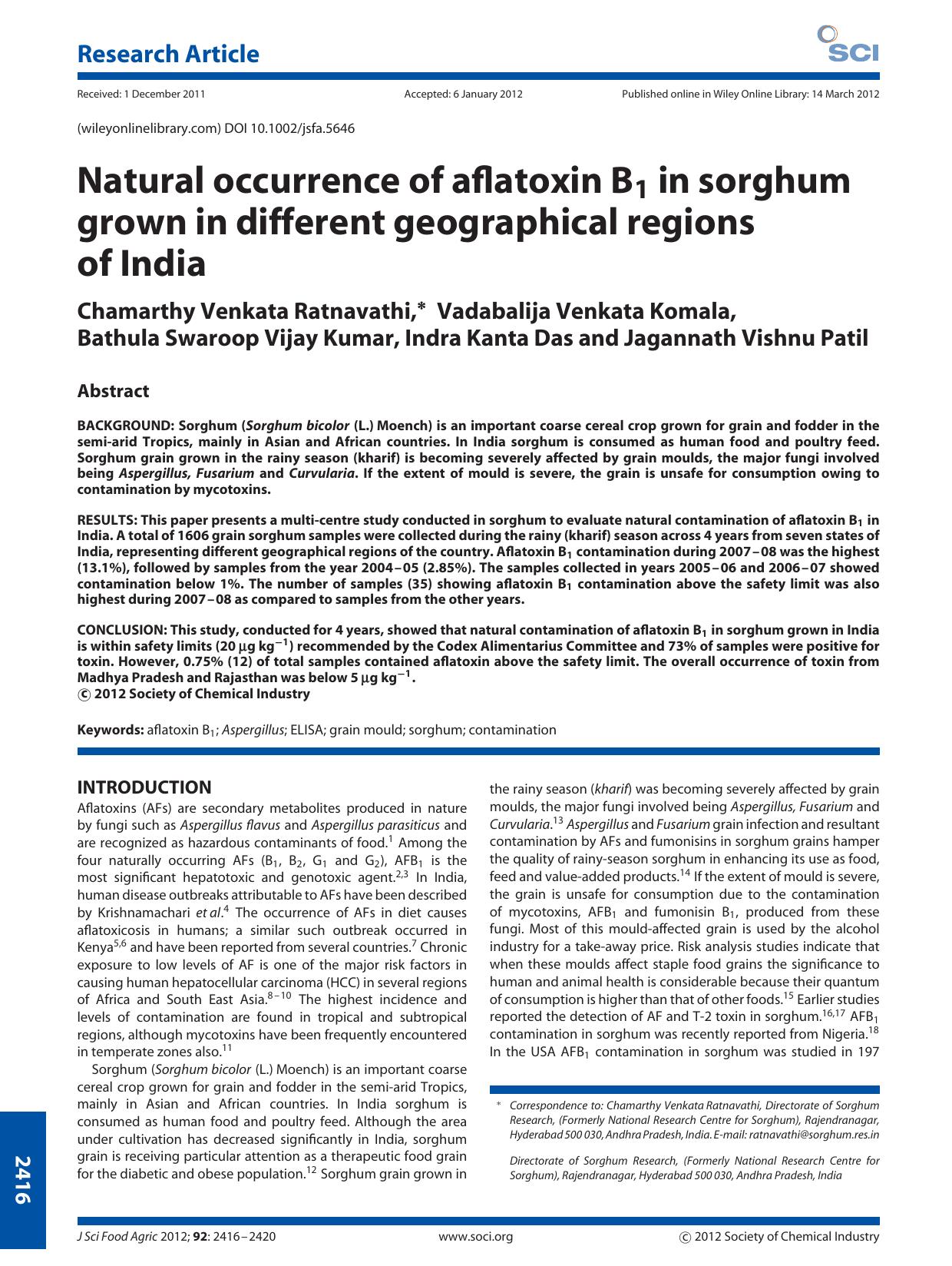 Natural occurrence of aflatoxin B1 in sorghum grown in different geographical regions of India by Unknown