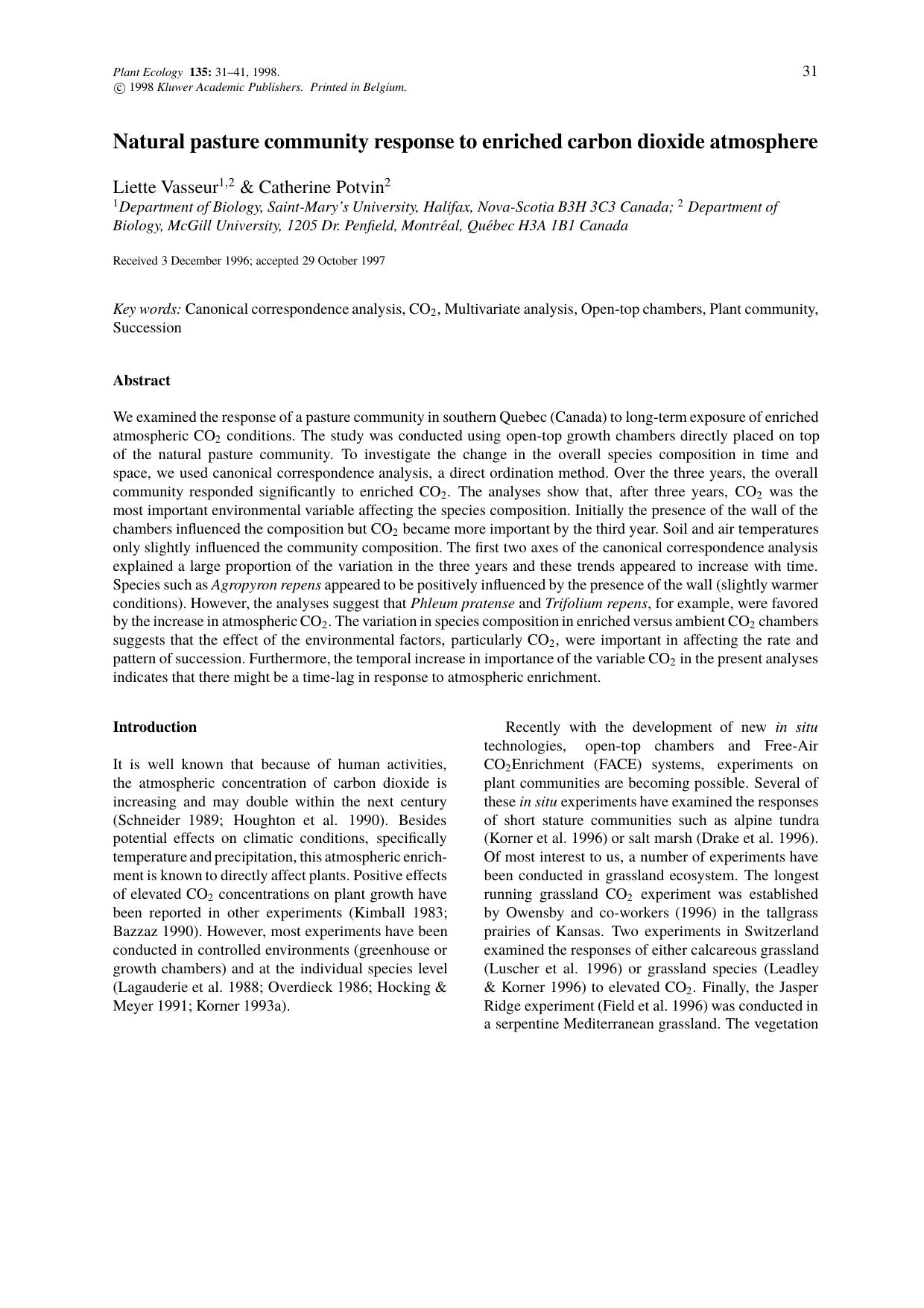 Natural pasture community response to enriched carbon dioxide atmosphere by Unknown