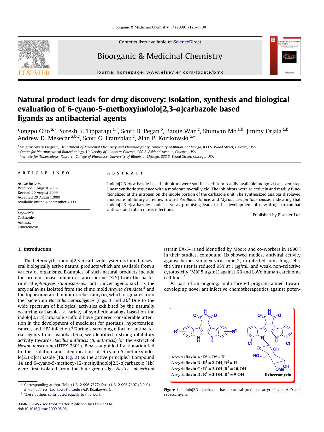 Natural product leads for drug discovery: Isolation, synthesis and biological evaluation of 6-cyano-5-methoxyindolo[2,3-a]carbazole based ligands as antibacterial agents by unknow