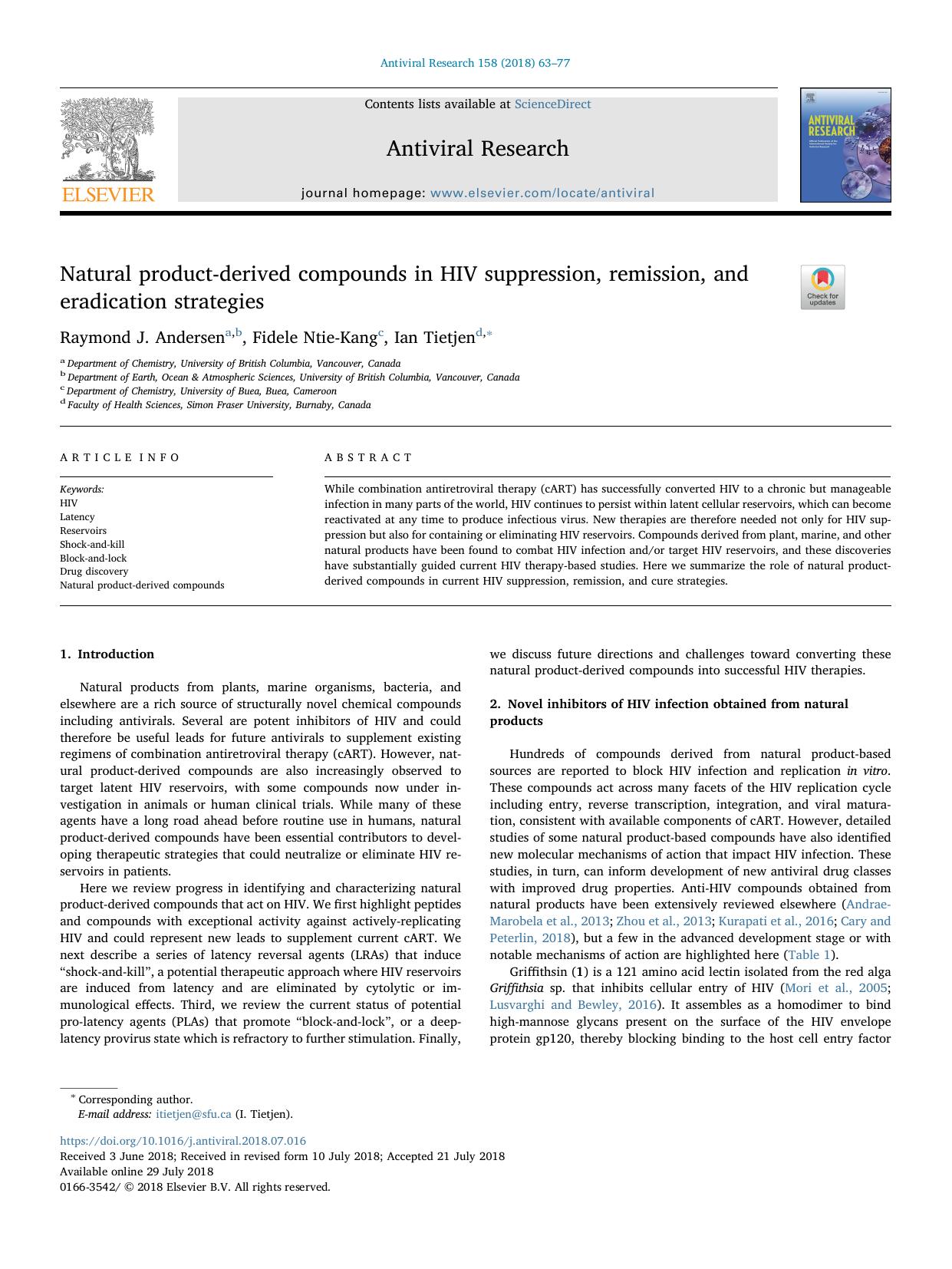 Natural product-derived compounds in HIV suppression, remission, and eradication strategies by Raymond J. Andersen & Fidele Ntie-Kang & Ian Tietjen