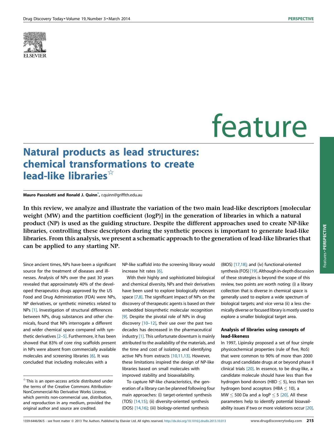 Natural products as lead structures: chemical transformations to create lead-like libraries by Mauro Pascolutti & Ronald J. Quinn