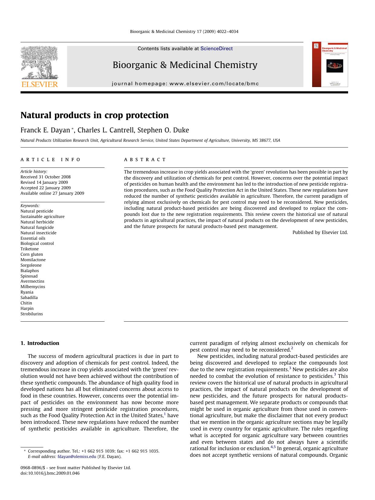 Natural products in crop protection by Franck E. Dayan; Charles L. Cantrell; Stephen O. Duke