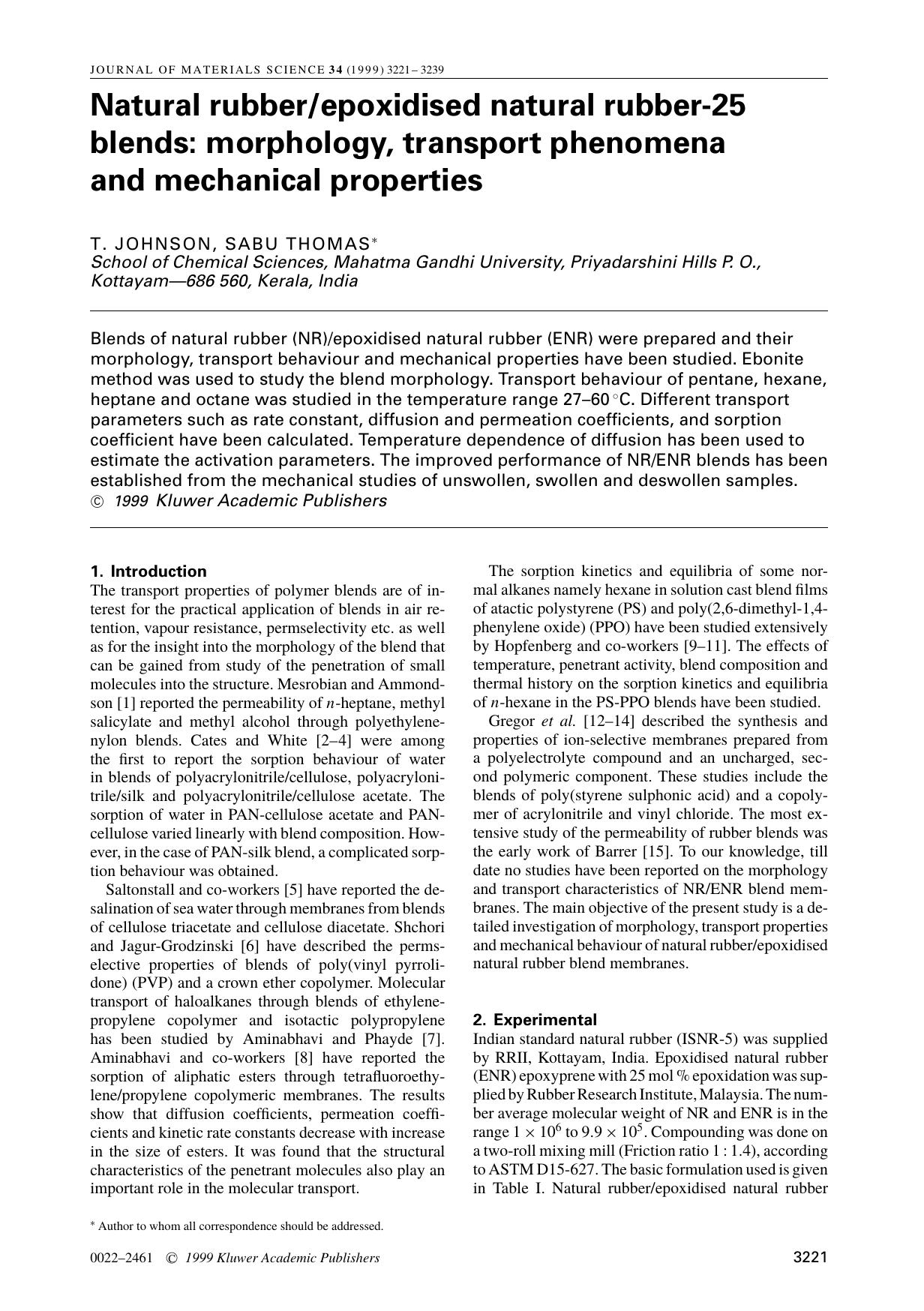 Natural rubberepoxidised natural rubber-25 blends: morphology, transport phenomena and mechanical properties by Unknown