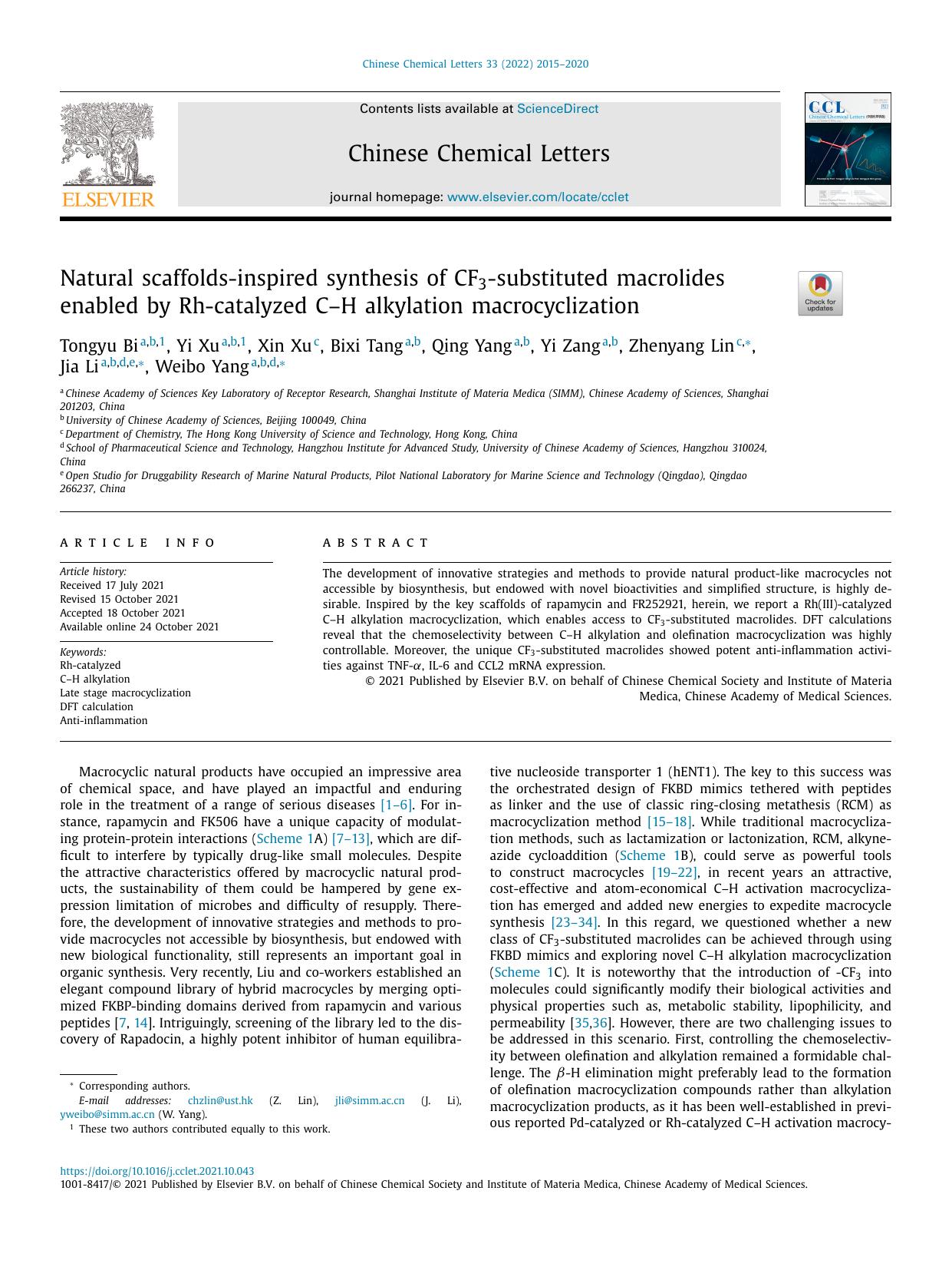 Natural scaffolds-inspired synthesis of CF3-substituted macrolides enabled by Rh-catalyzed C-H alkylation macrocyclization by Tongyu Bi & Yi Xu & Xin Xu & Bixi Tang & Qing Yang & Yi Zang & Zhenyang Lin & Jia Li & Weibo Yang