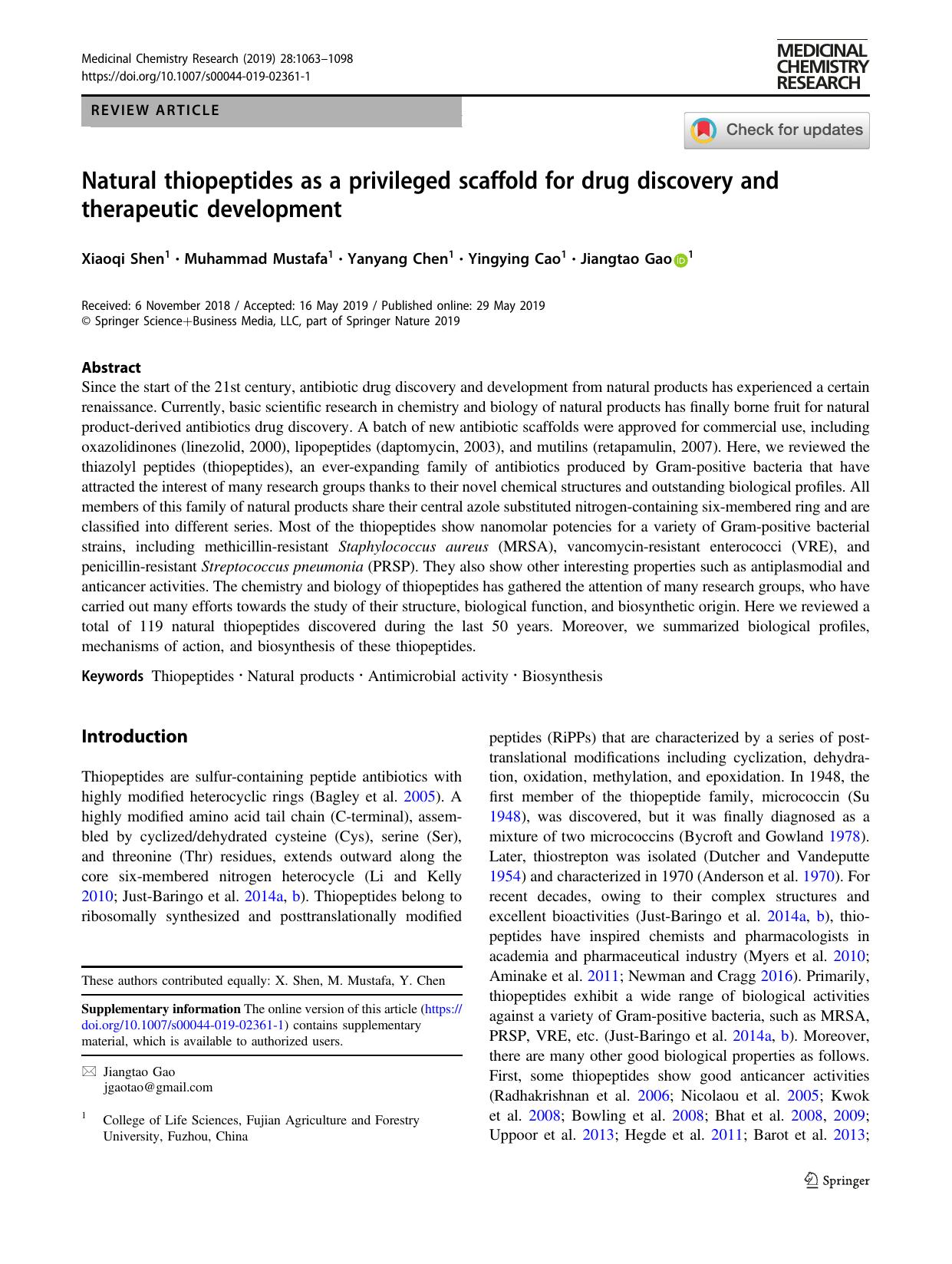 Natural thiopeptides as a privileged scaffold for drug discovery and therapeutic development by Xiaoqi Shen & Muhammad Mustafa & Yanyang Chen & Yingying Cao & Jiangtao Gao