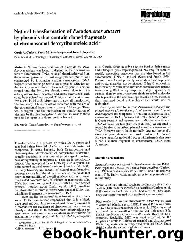 Natural transformation of <Emphasis Type="Italic">Pseudomonas stutzeri<Emphasis> by plasmids that contain cloned fragments of chromosomal deoxyribonucleic acid by Unknown