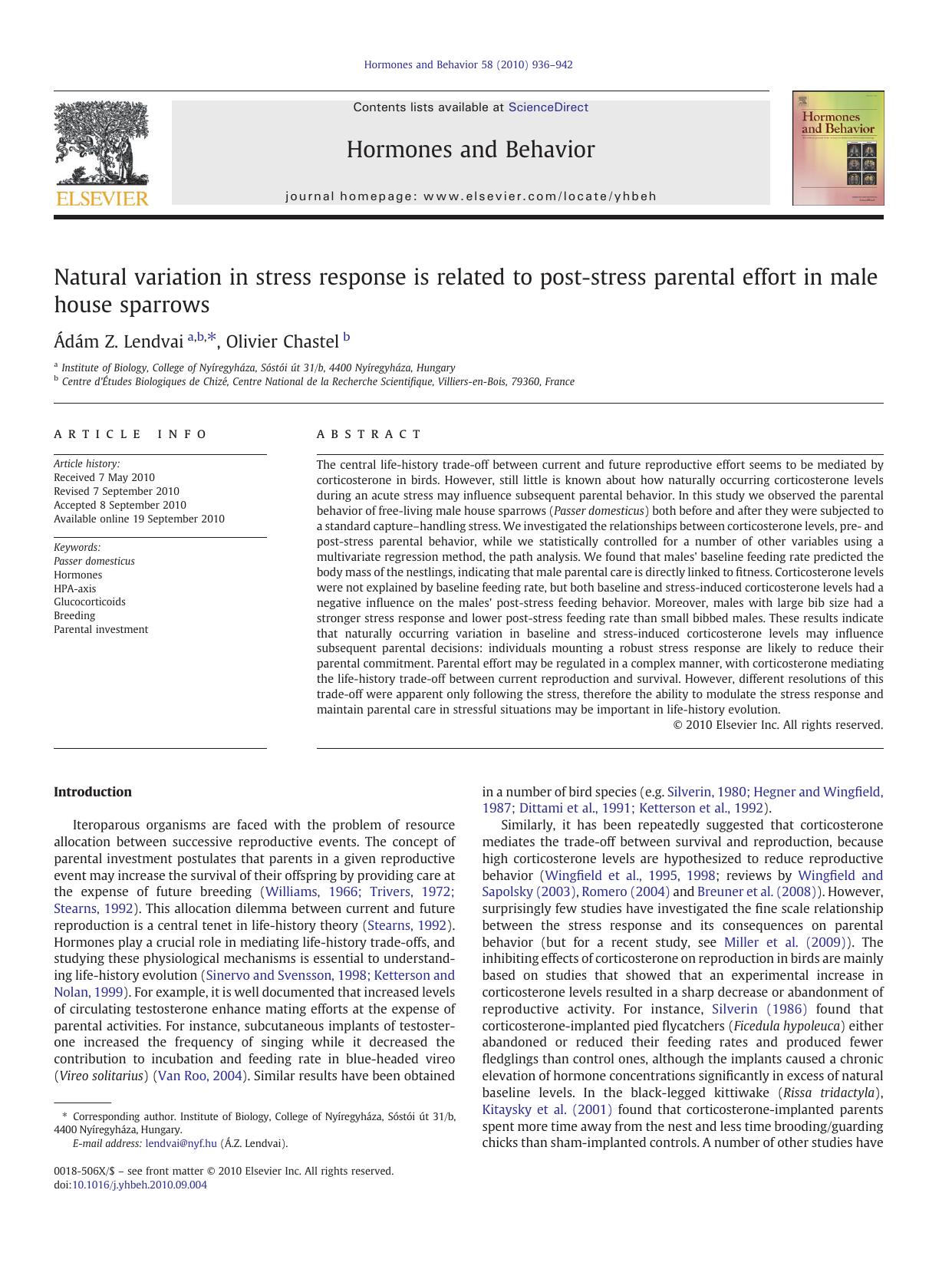 Natural variation in stress response is related to post-stress parental effort in male house sparrows by Ádám Z. Lendvai