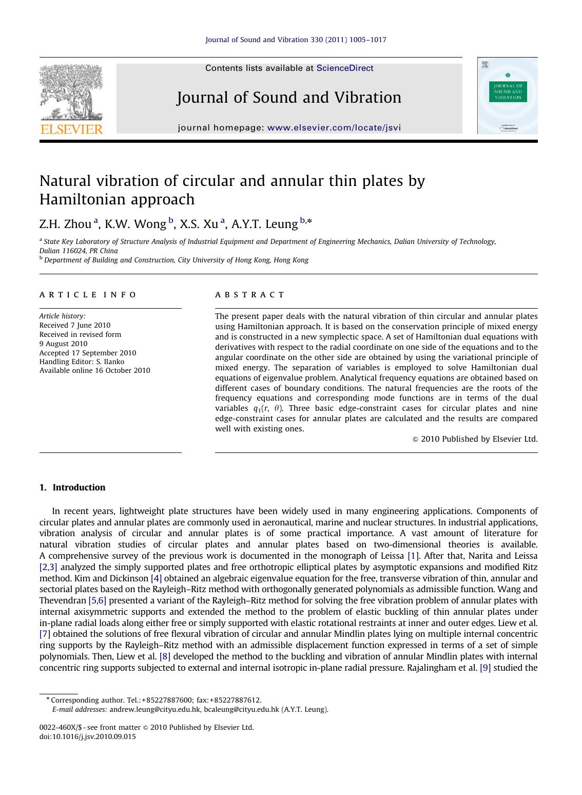 Natural vibration of circular and annular thin plates by Hamiltonian approach by Z.H. Zhou & K.W. Wong & X.S. Xu & A.Y.T. Leung