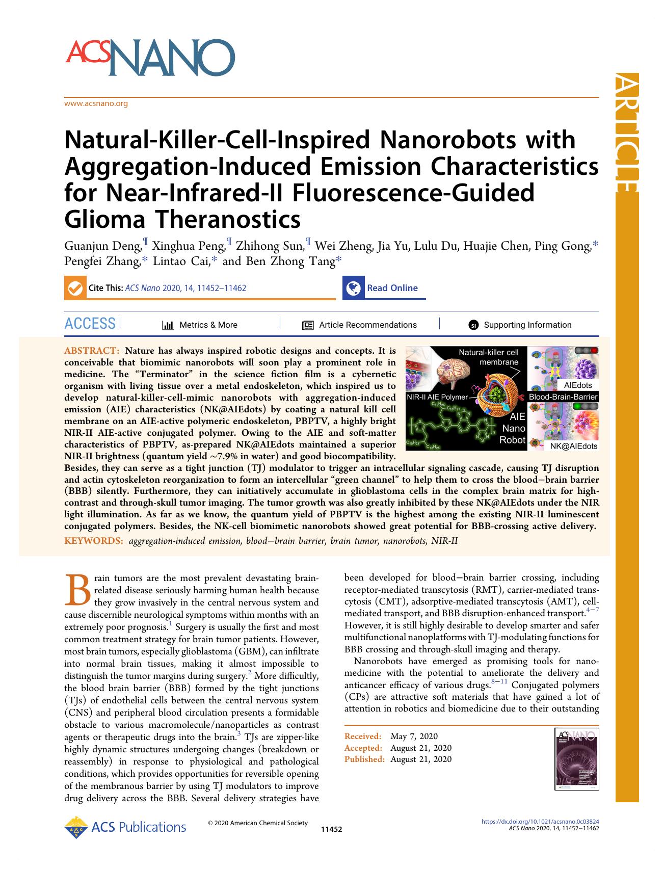 Natural-Killer-Cell-Inspired Nanorobots with Aggregation-Induced Emission Characteristics for Near-Infrared-II Fluorescence-Guided Glioma Theranostics by unknow