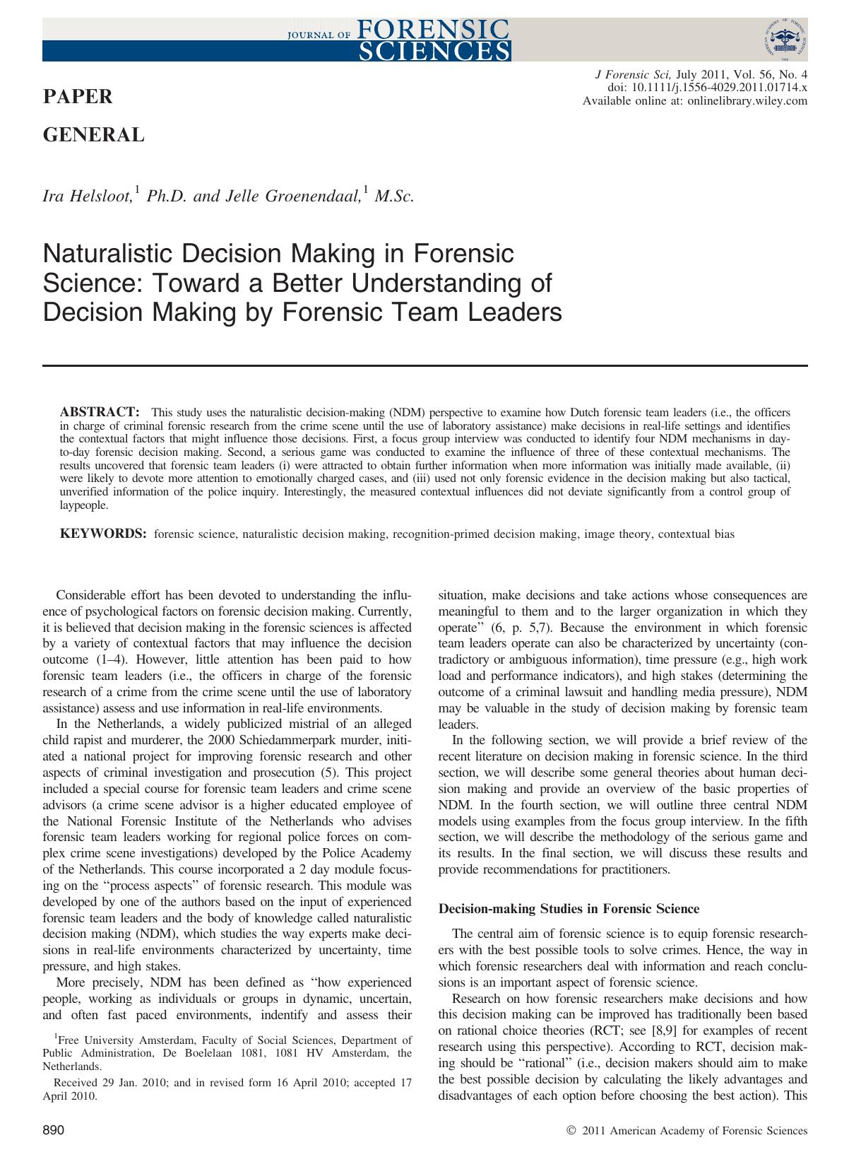 Naturalistic Decision Making in Forensic Science: Toward a Better Understanding of Decision Making by Forensic Team Leaders by Unknown