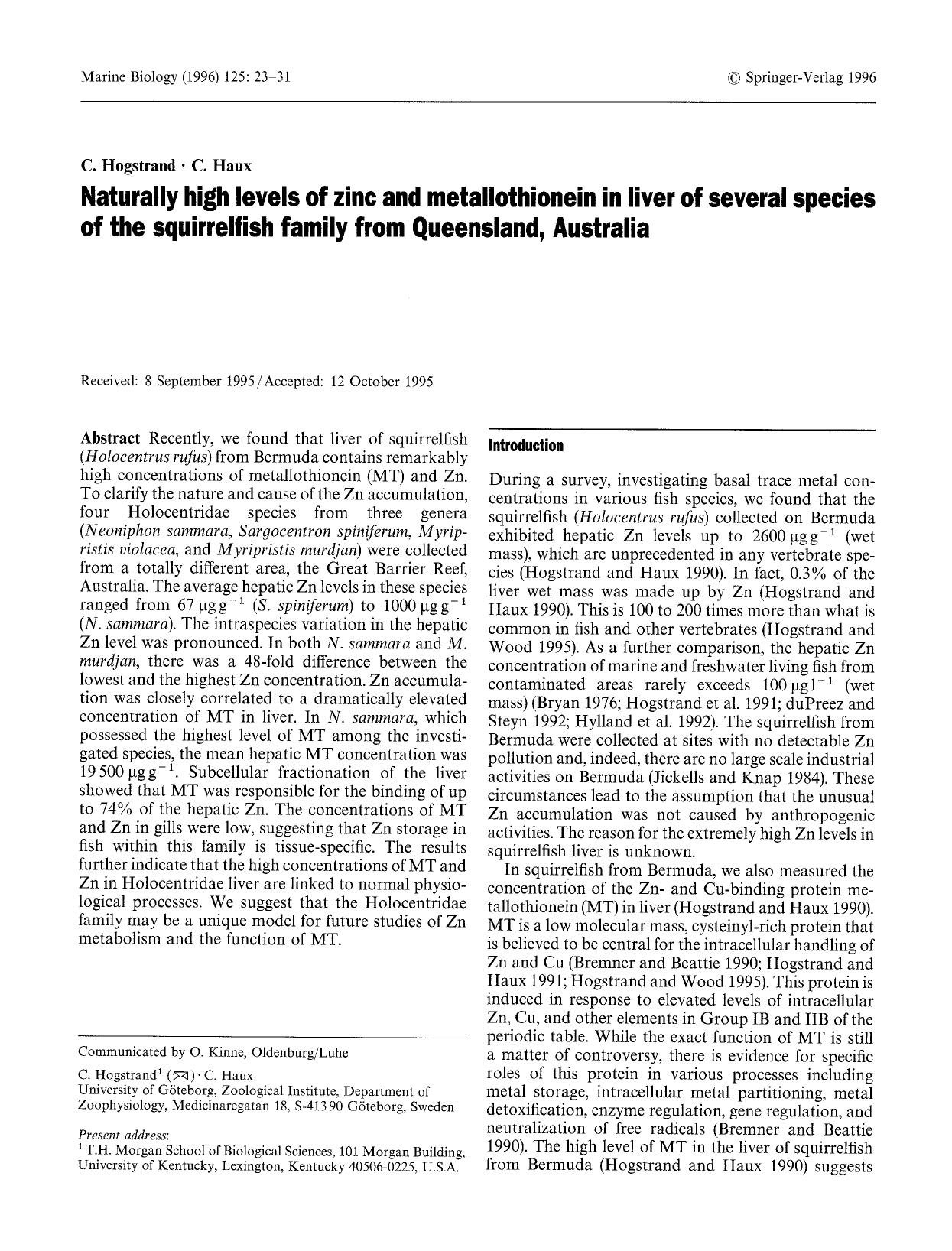 Naturally high levels of zinc and metallothionein in liver of several species of the squirrelfish family from Queensland, Australia by Unknown
