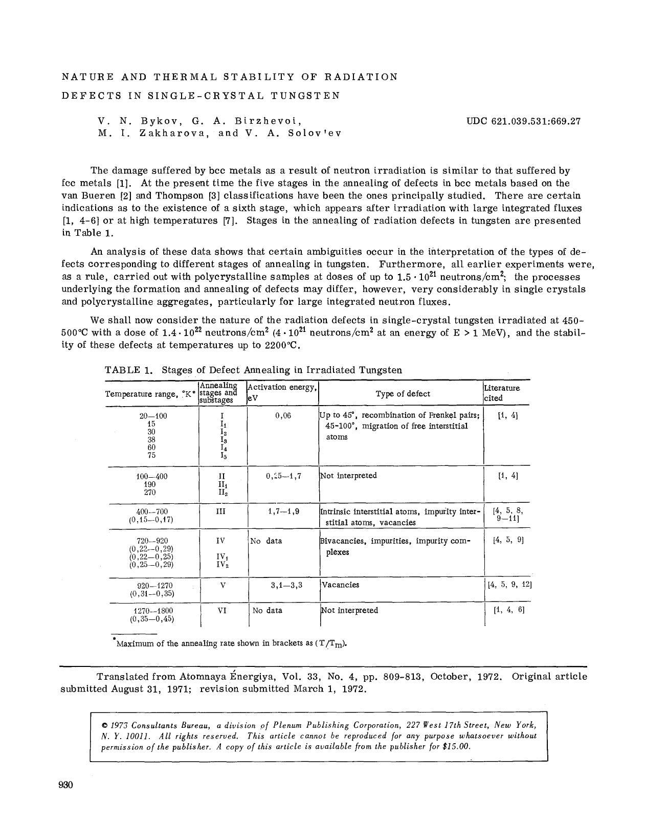 Nature and thermal stability of radiation defects in single-crystal tungsten by Unknown