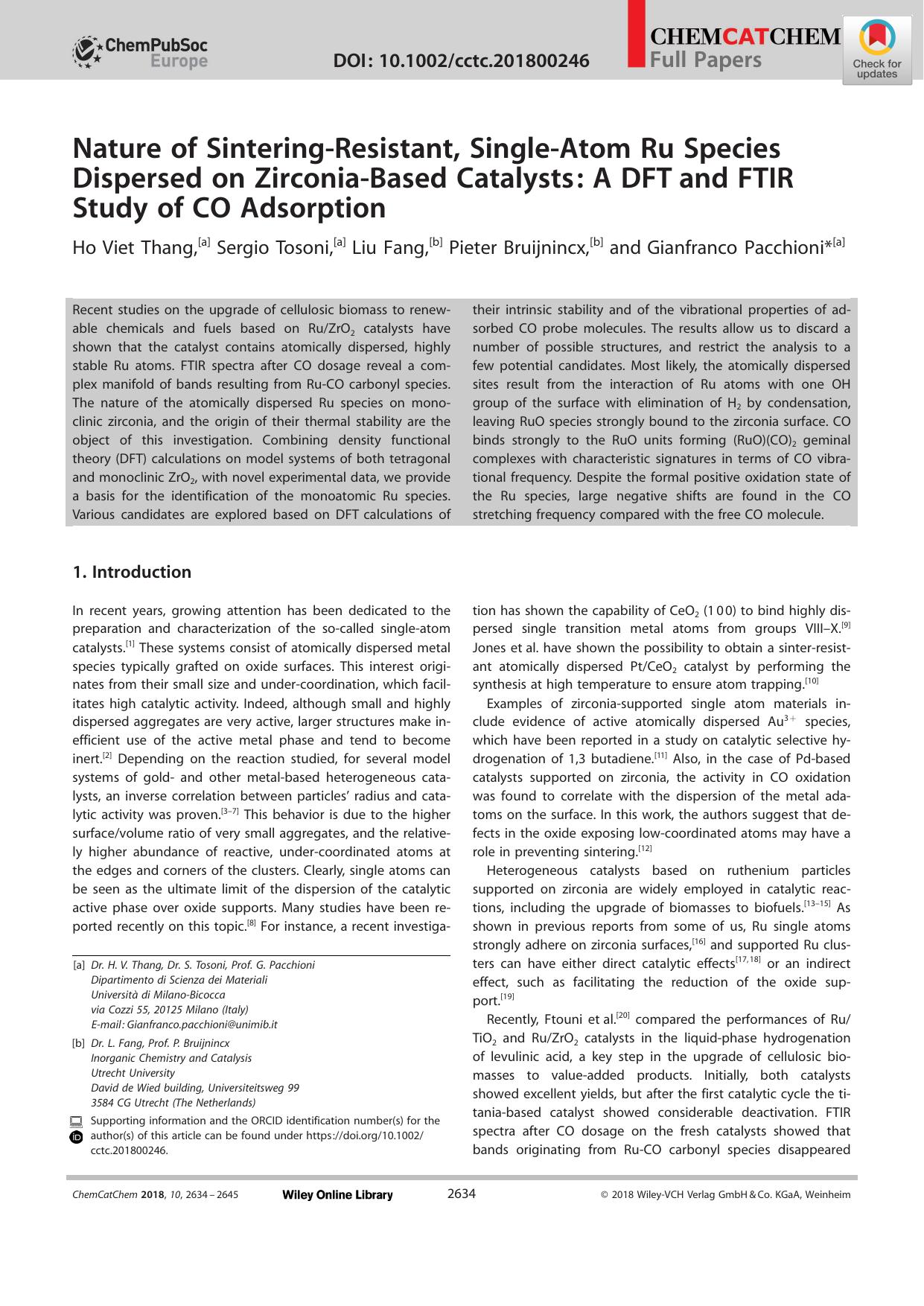 Nature of SinteringâResistant, SingleâAtom Ru Species Dispersed on ZirconiaâBased Catalysts: A DFT and FTIR Study of CO Adsorption by Unknown