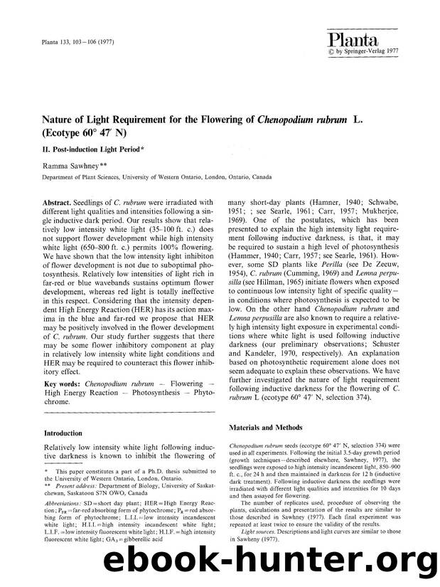 Nature of light requirement for the flowering of <Emphasis Type="Italic">Chenopodium rubrum<Emphasis> L. (Ecotype 60&#x00B0; 47&#x2032; N) by Unknown