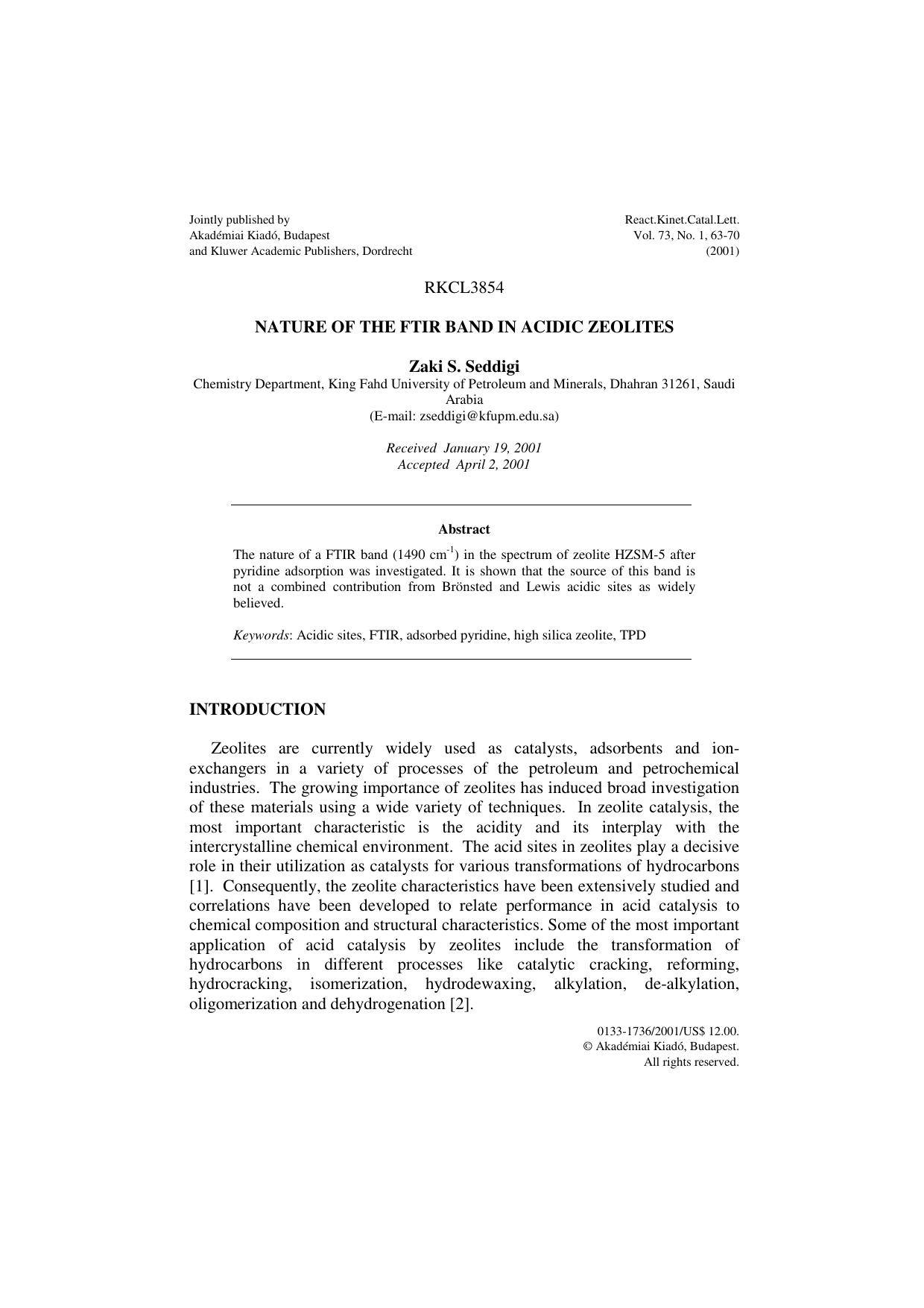 Nature of the Ftir Band in Acidic Zeolites by Unknown