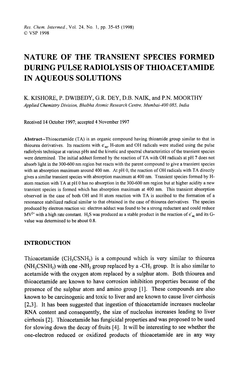 Nature of the transient species formed during pulse radiolysis of thioacetamide in aqueous solutions by Unknown