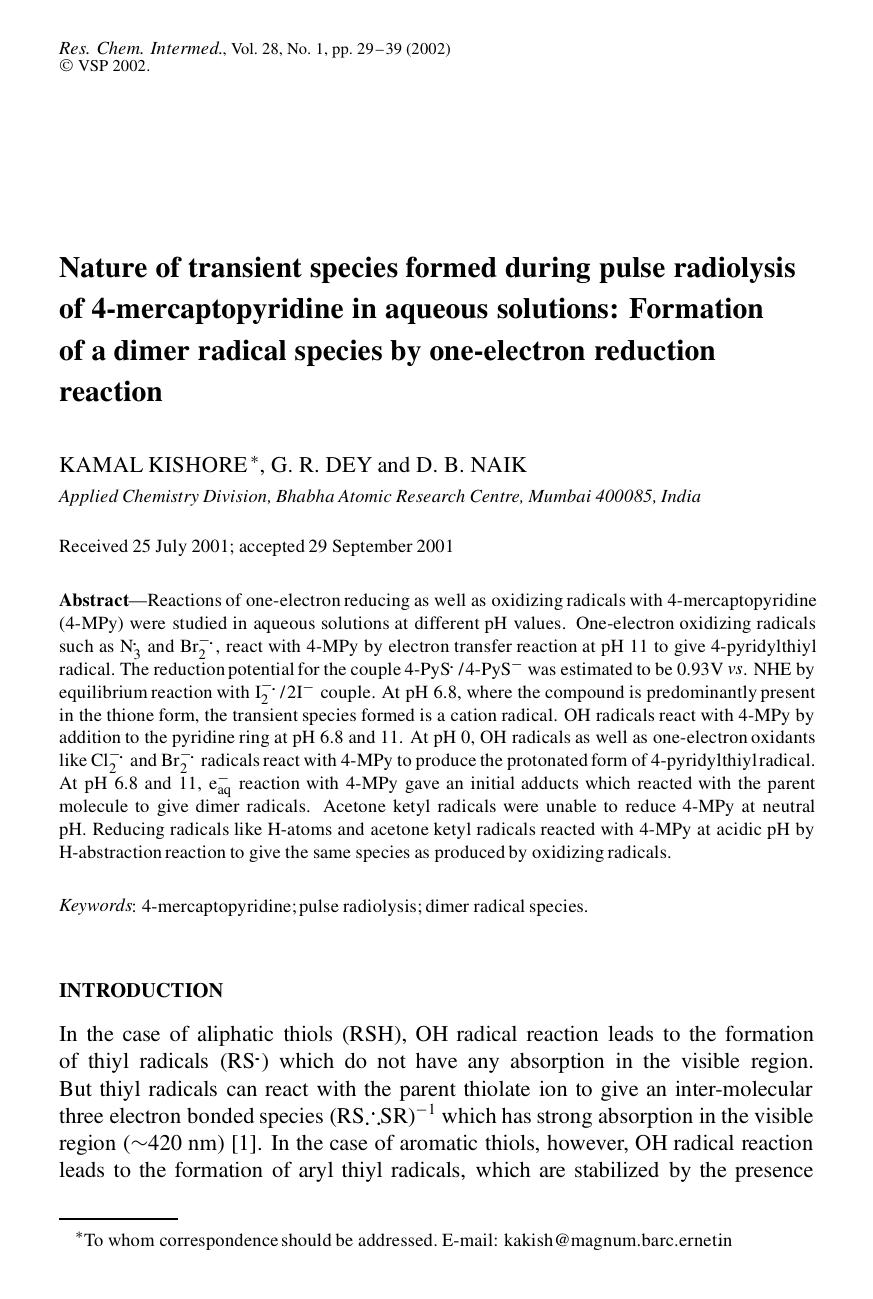 Nature of transient species formed during pulse radiolysis of 4-mercaptopyridine in aqueous solutions: Formation of a dimer radical species by one-electron reduction reaction by Unknown