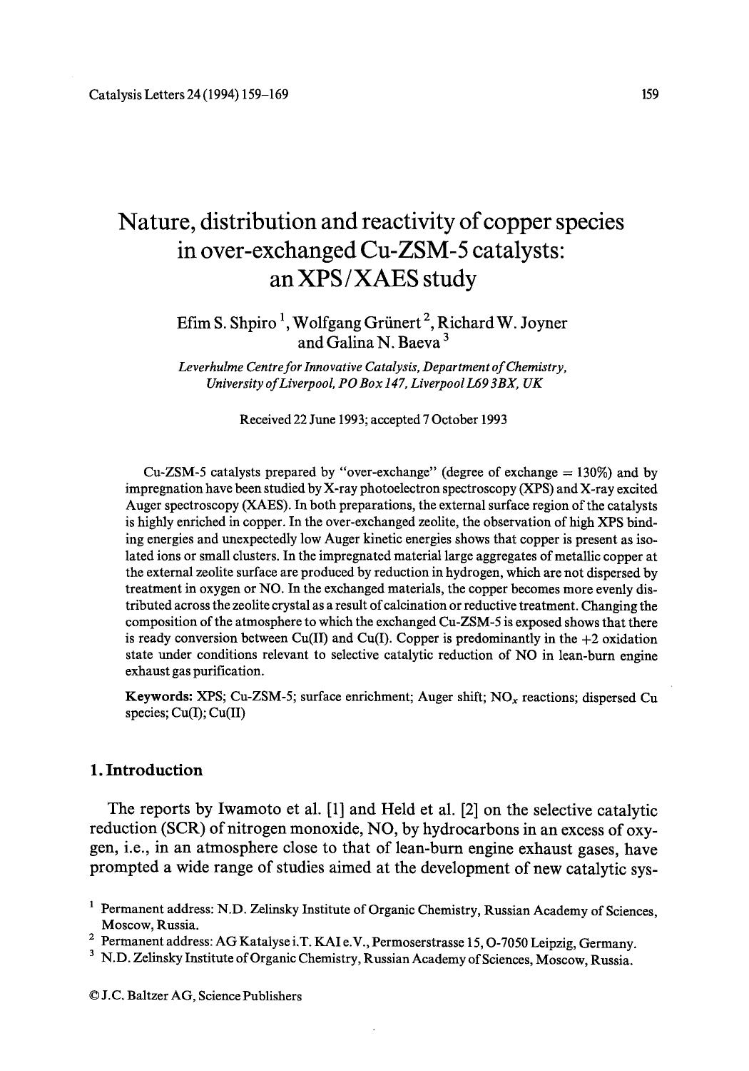 Nature, distribution and reactivity of copper species in over-exchanged Cu-ZSM-5 catalysts: an XPSXAES study by Unknown