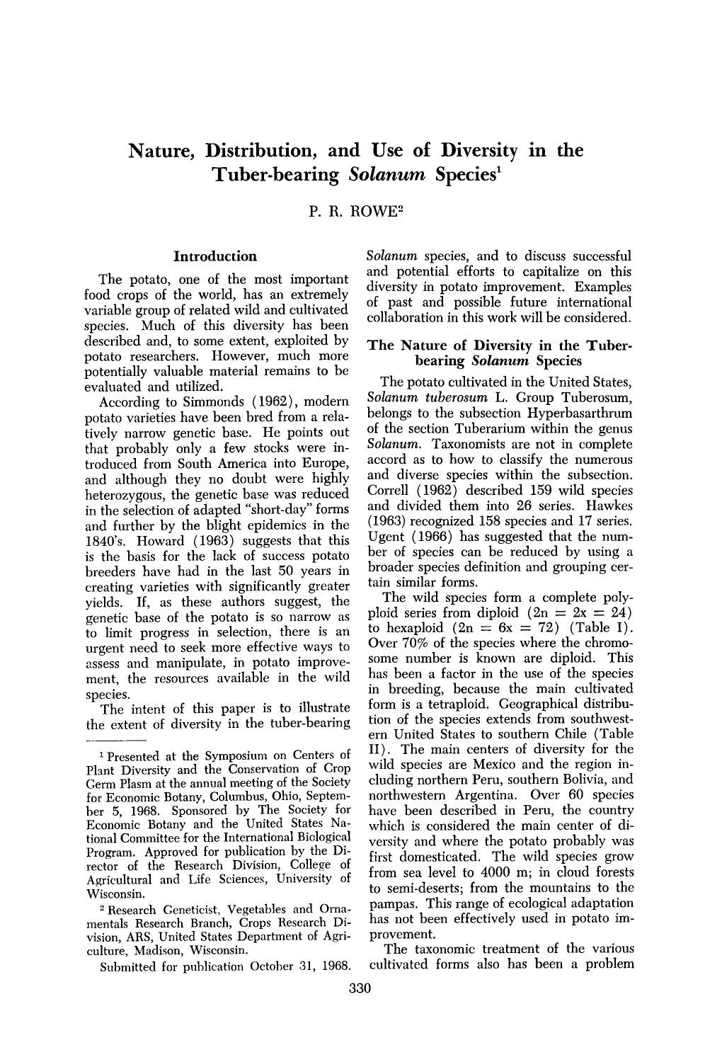 Nature, distribution, and use of diversity in the tuber-bearing <Emphasis Type="Italic">Solanum <Emphasis> species by Unknown