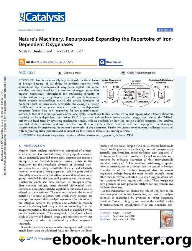 Natureâs Machinery, Repurposed: Expanding the Repertoire of Iron-Dependent Oxygenases by Noah P. Dunham & Frances H. Arnold