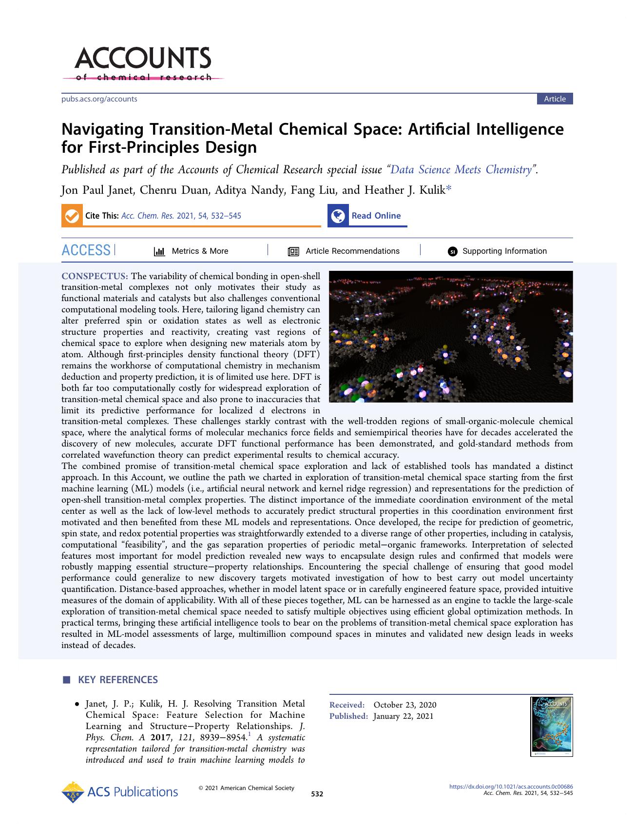 Navigating Transition-Metal Chemical Space: Artificial Intelligence for First-Principles Design by Jon Paul Janet; Chenru Duan; Aditya Nandy; Fang Liu; Heather J. Kulik